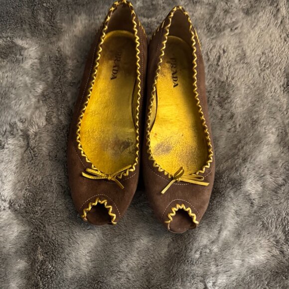 Authenticated Prada Peep Toe Ballet Flats Brown & Gold Size 39.5 / US 9.5 - Picture 5 of 16